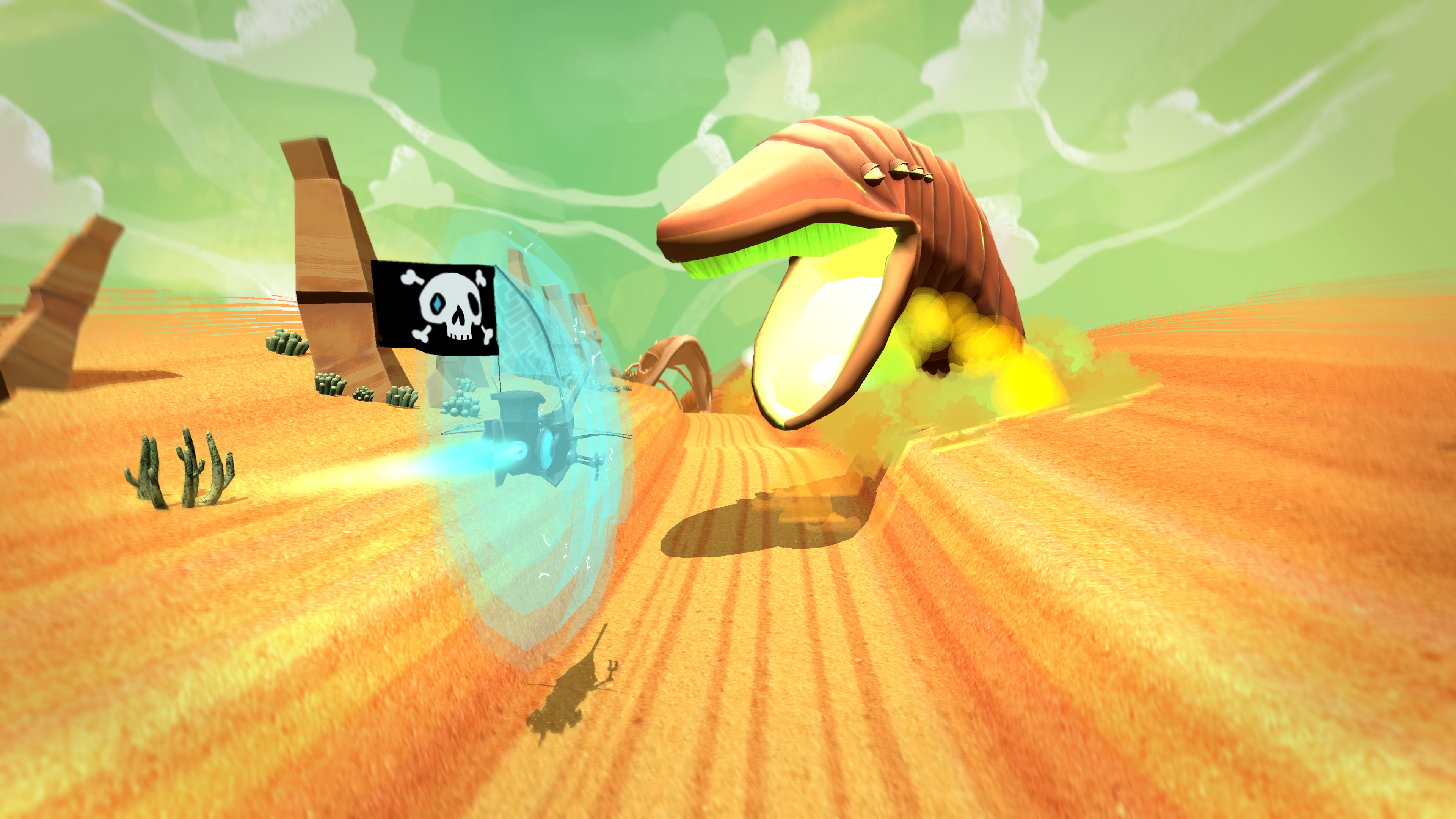 The game itself is about a flying in a space pirate ship on a desert planet, searching for precious gemstones.